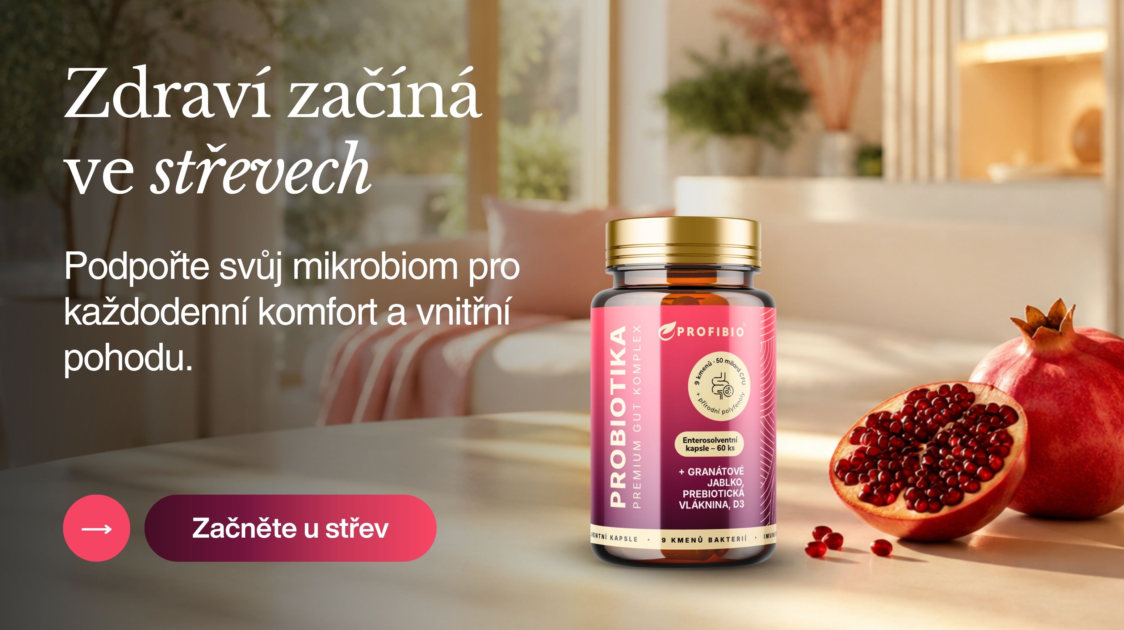 PREMIUM Probiotika GUT KOMPLEX 50 miliard CFU + granátové jablko, prebiotická vláknina, vitamín D3, 60 enterosolventních kapslí (ochrana před žaludeční kyselinou a uvolnění ve střevech) -1